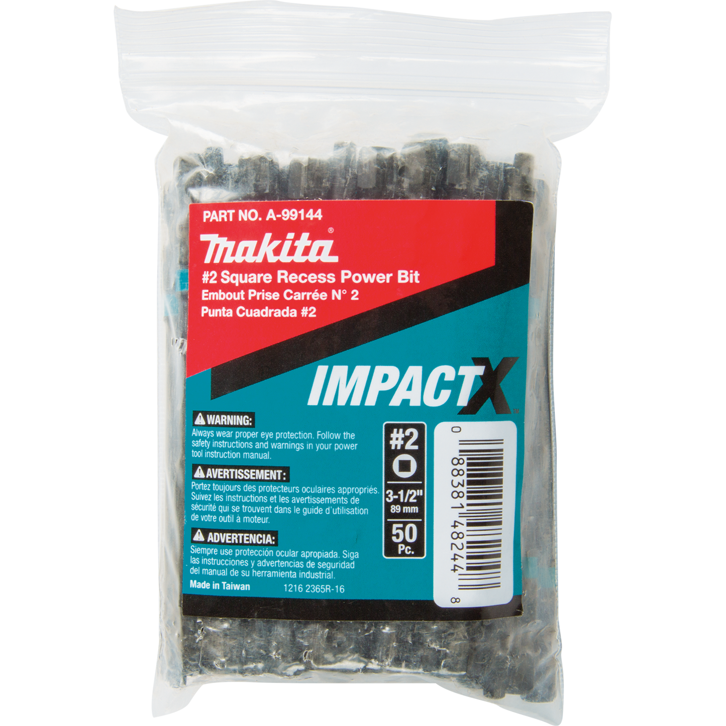 Makita A-99144 ImpactX™ #2 Square Recess 3‑1/2″ Power Bit, 50/pk, Bulk