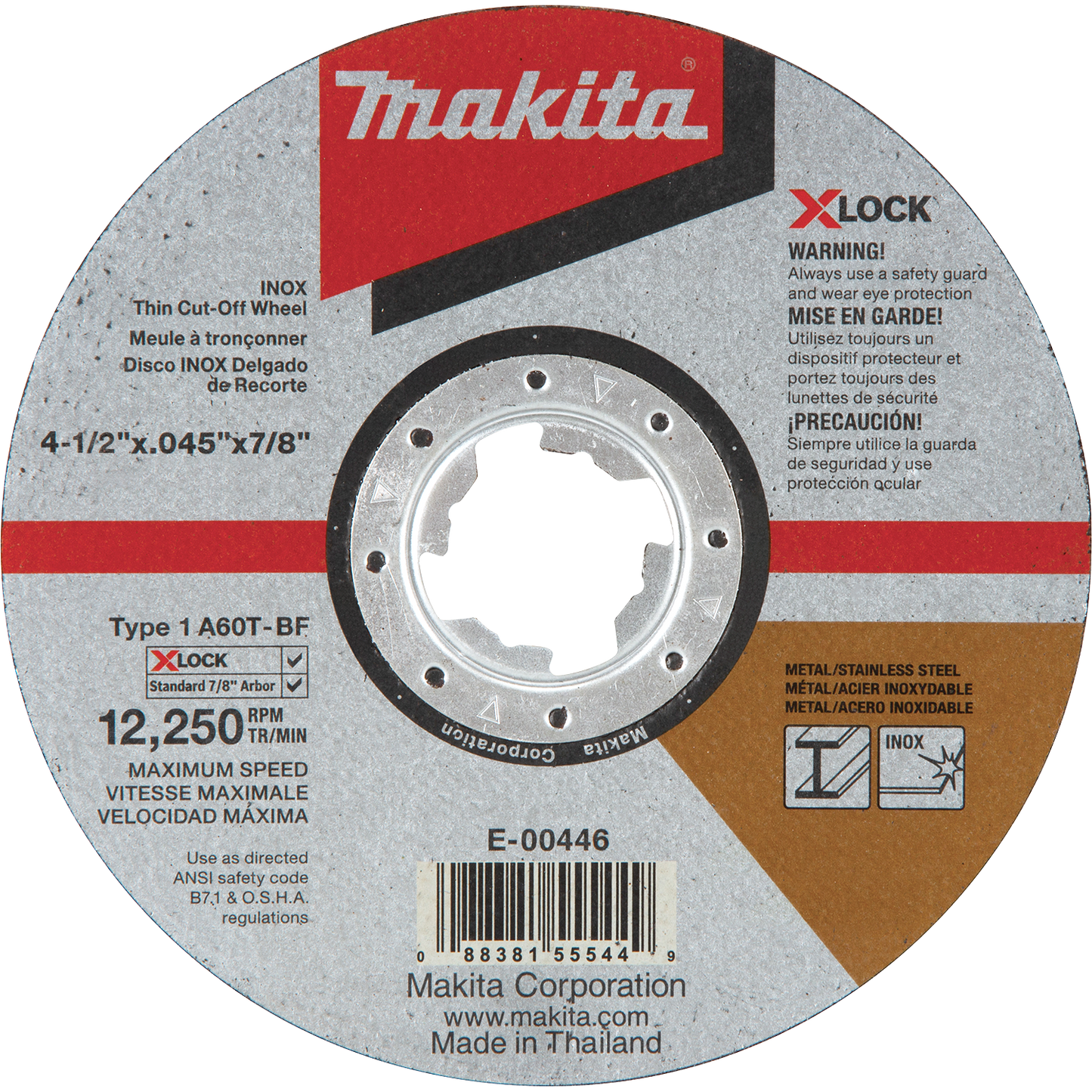 Makita E-00446 X‑LOCK 4‑1/2" x .045" x 7/8" Type 1 General Purpose 60 Grit Thin Cut‑Off Wheel for Metal and Stainless Steel Cutting