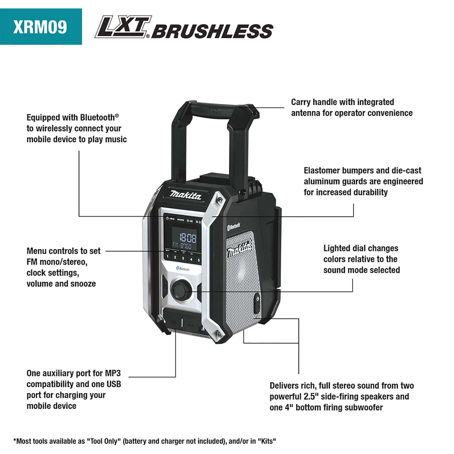 Makita XRM09B 18V LXT® / 12V max CXT® Lithium‑Ion Cordless/Corded Bluetooth® Job Site Radio, Tool Only