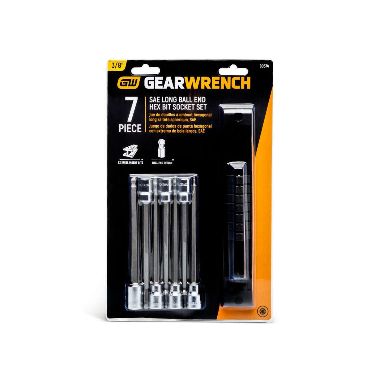 Gearwrench 80574 7 Piece 3/8" Drive Long Ball End Hex Bit SAE Socket Set