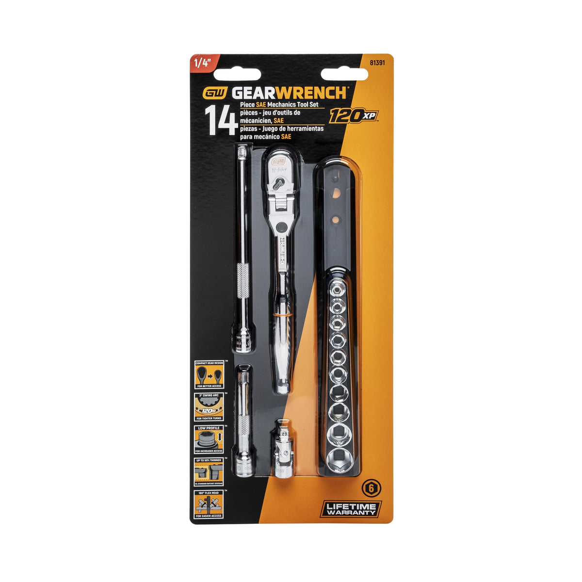 Gearwrench 81391 14 Piece 1/4" Drive 120XP Locking Flex Head Ratchet and 6 Point SAE Stubby Socket Mechanics Tool Set