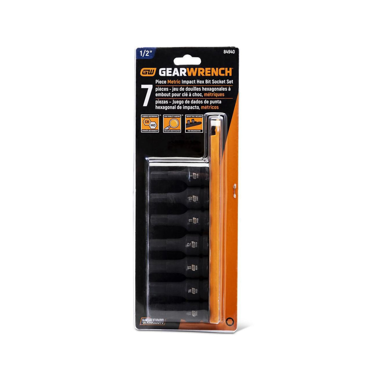 Gearwrench 84940 7 Piece 1/2" Drive Hex Bit Impact Metric Socket Set