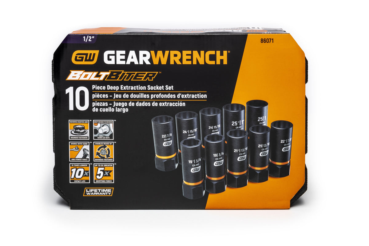 Gearwrench 86071 10 Piece 1/2" Drive Bolt Biter™ Deep Extraction Socket Set