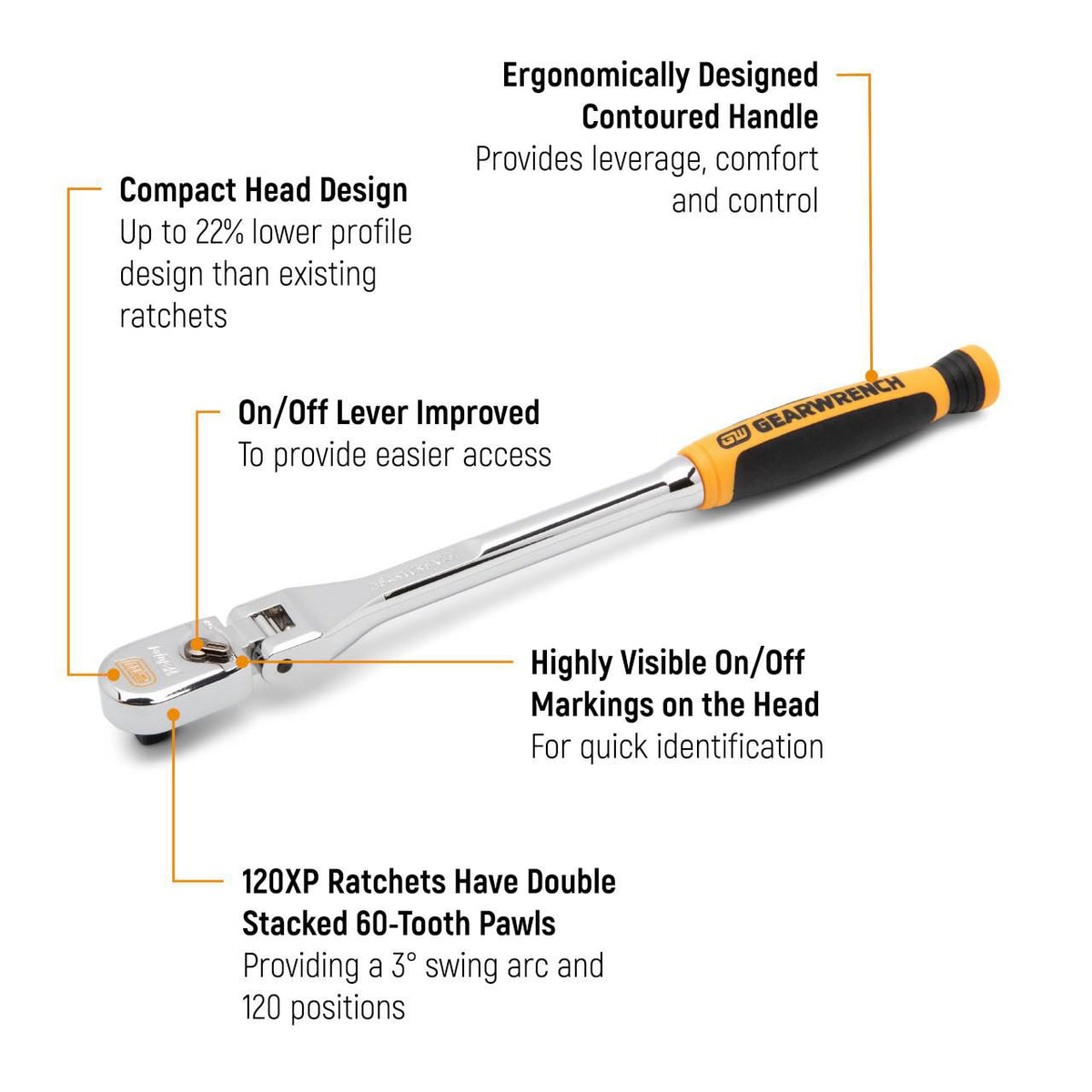 Gearwrench 81210XP 3/8" Drive 120XP™ Dual Material Handle Flex Head Teardrop Ratchet 15-1/2"