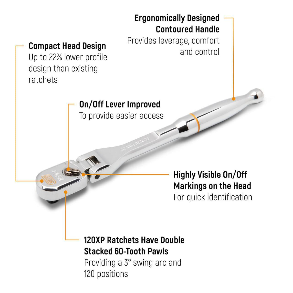 Gearwrench 81215XP 3/8" Drive 120XP™ Full Polish Chrome Flex Head Teardrop Ratchet 13-1/2"