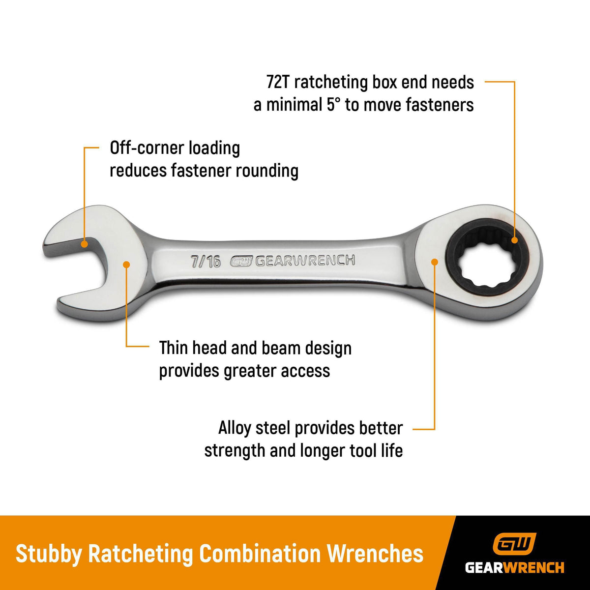 Gearwrench 85206 14 Piece 72-Tooth 12 Point Stubby Ratcheting SAE/Metric Combination Wrench Set