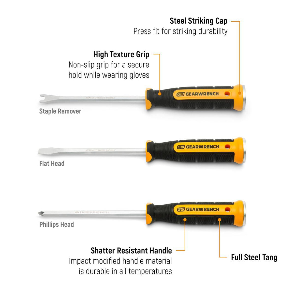 Gearwrench GWSD3PCSETU 3 Piece Lineman Demolition Screwdriver Set