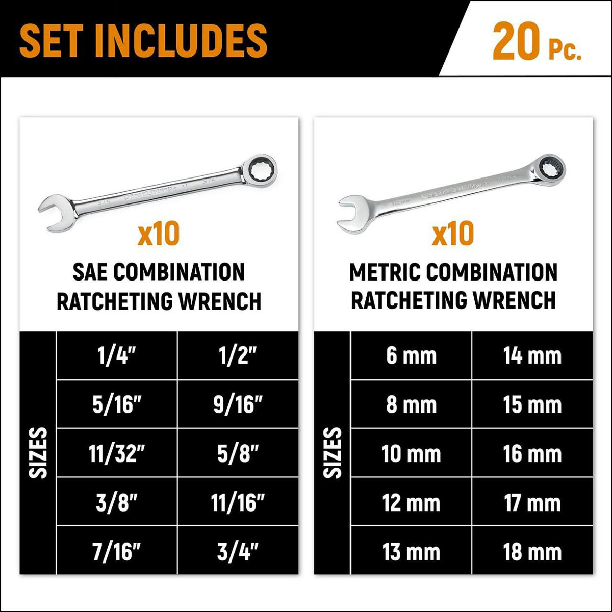 Gearwrench 35720 20 Piece 72-Tooth SAE/Metric Ratcheting Combination Wrench Set