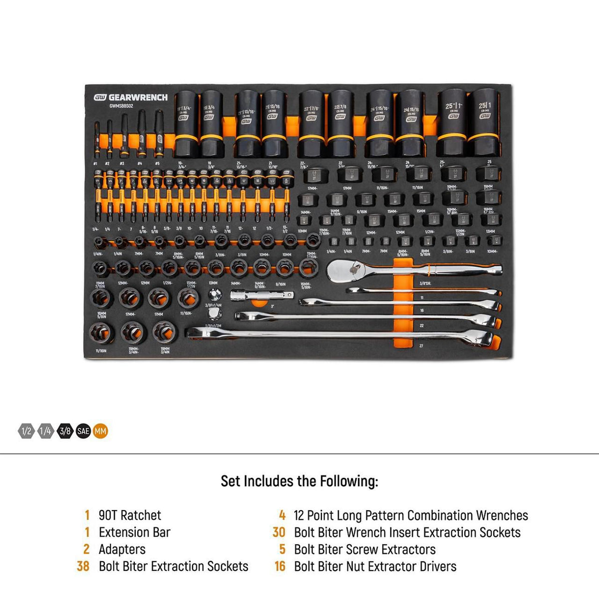 Gearwrench GWMSBBS02 97 Piece 1/4”, 3/8”, 1/2” Drive Bolt Biter™ Mechanics Tool Set in Foam Storage Tray