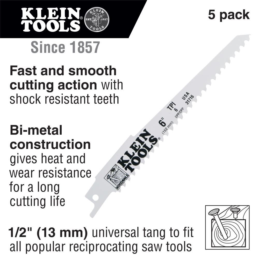 Klein Tools 31751 Reciprocating Saw Blades, 6 Tpi, 9-Inch, 5-Pack