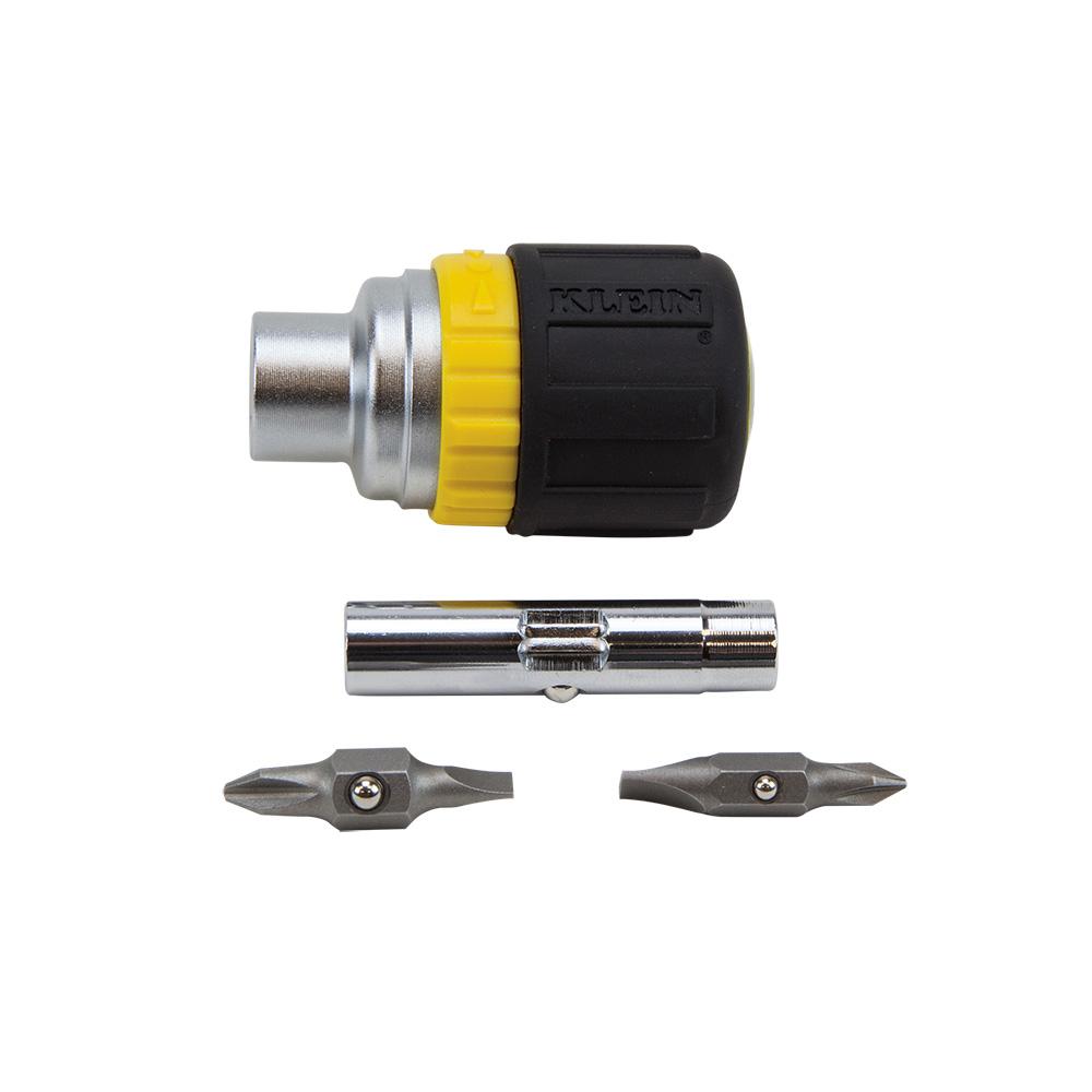 Klein Tools 32593 Multi-Bit Ratcheting Screwdriver, 6-In-1, Stubby, Ph, Sl, Nut Bits