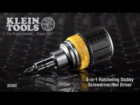 Klein Tools 32593 Multi-Bit Ratcheting Screwdriver, 6-In-1, Stubby, Ph, Sl, Nut Bits