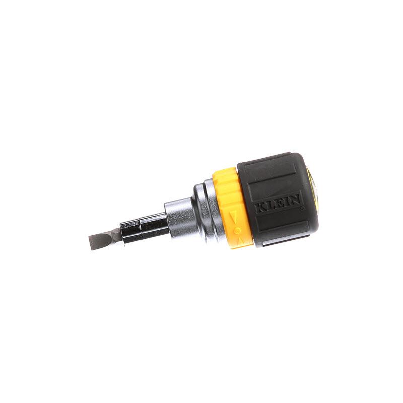 Klein Tools 32593 Multi-Bit Ratcheting Screwdriver, 6-In-1, Stubby, Ph, Sl, Nut Bits