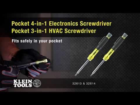 Klein Tools 32613 HVAC Pocket Screwdriver, 3-in-1, Phillips, Slotted, Schrader Bits