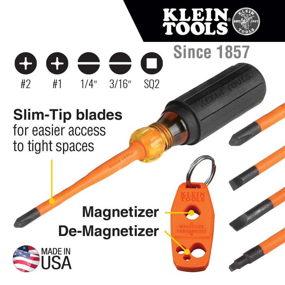 Klein Tools 33736INS Screwdriver Set, 1000V Slim-Tip Insulated And Magnetizer, 6-Piece