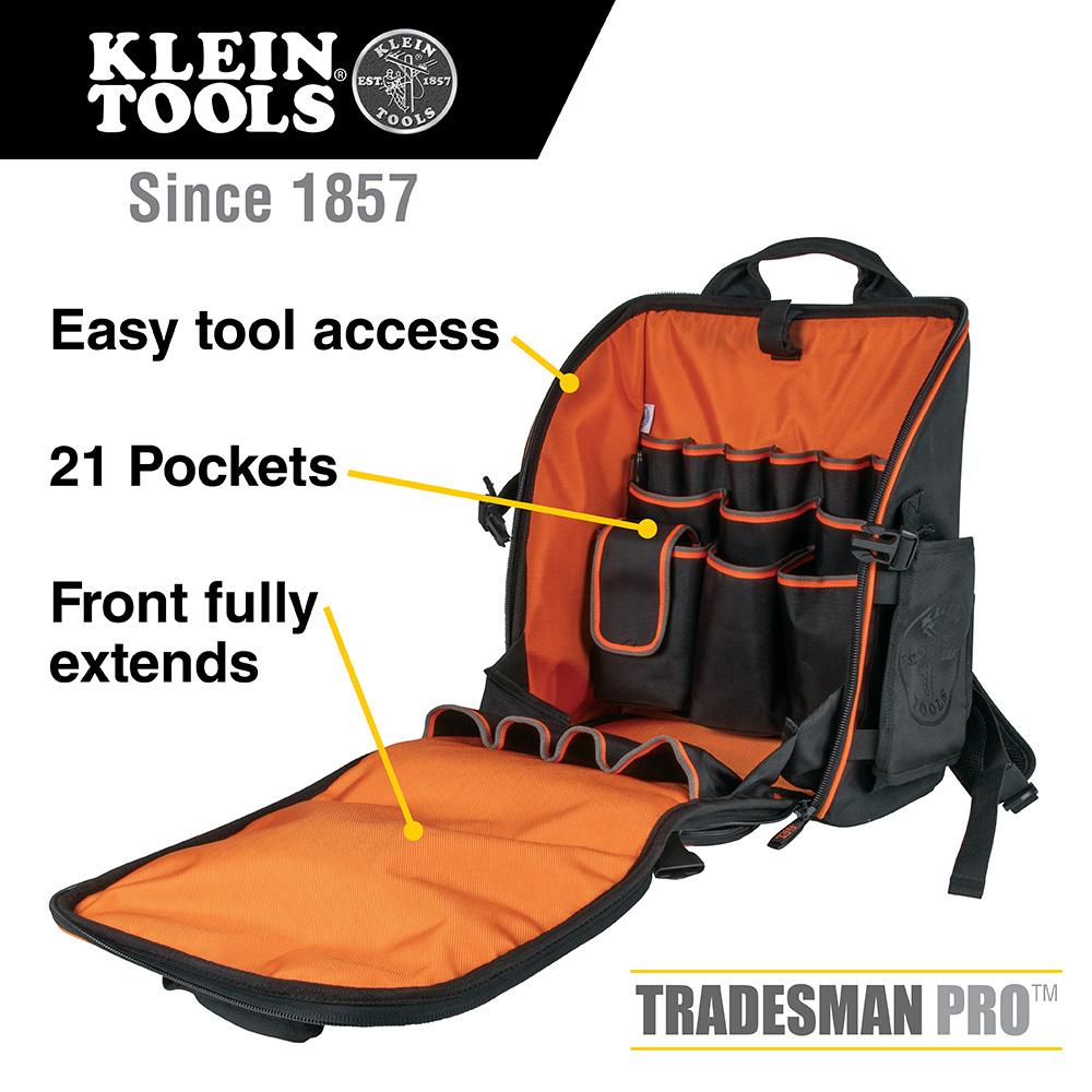 Klein Tools 55482 Tradesman Pro Tool Station Tool Bag Backpack, 21 Pockets