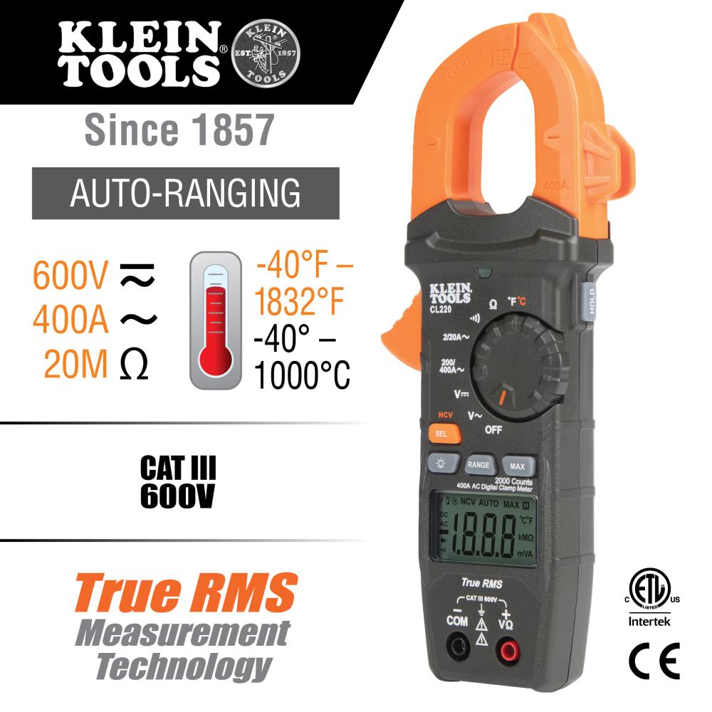 Klein Tools CL220 Digital Clamp Meter, Ac Auto-Ranging 400 Amp With Temp