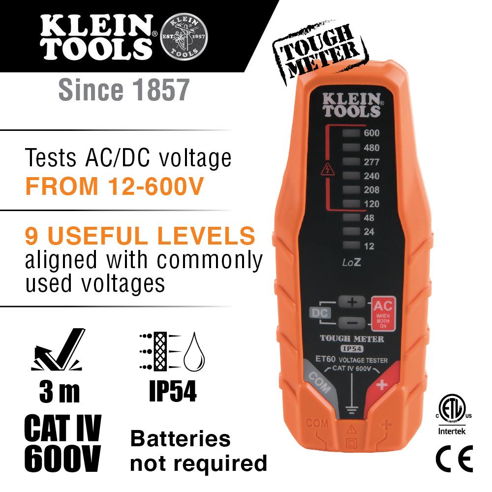 Klein Tools ET60 Electronic Ac/Dc Voltage Tester, 12 To 600V