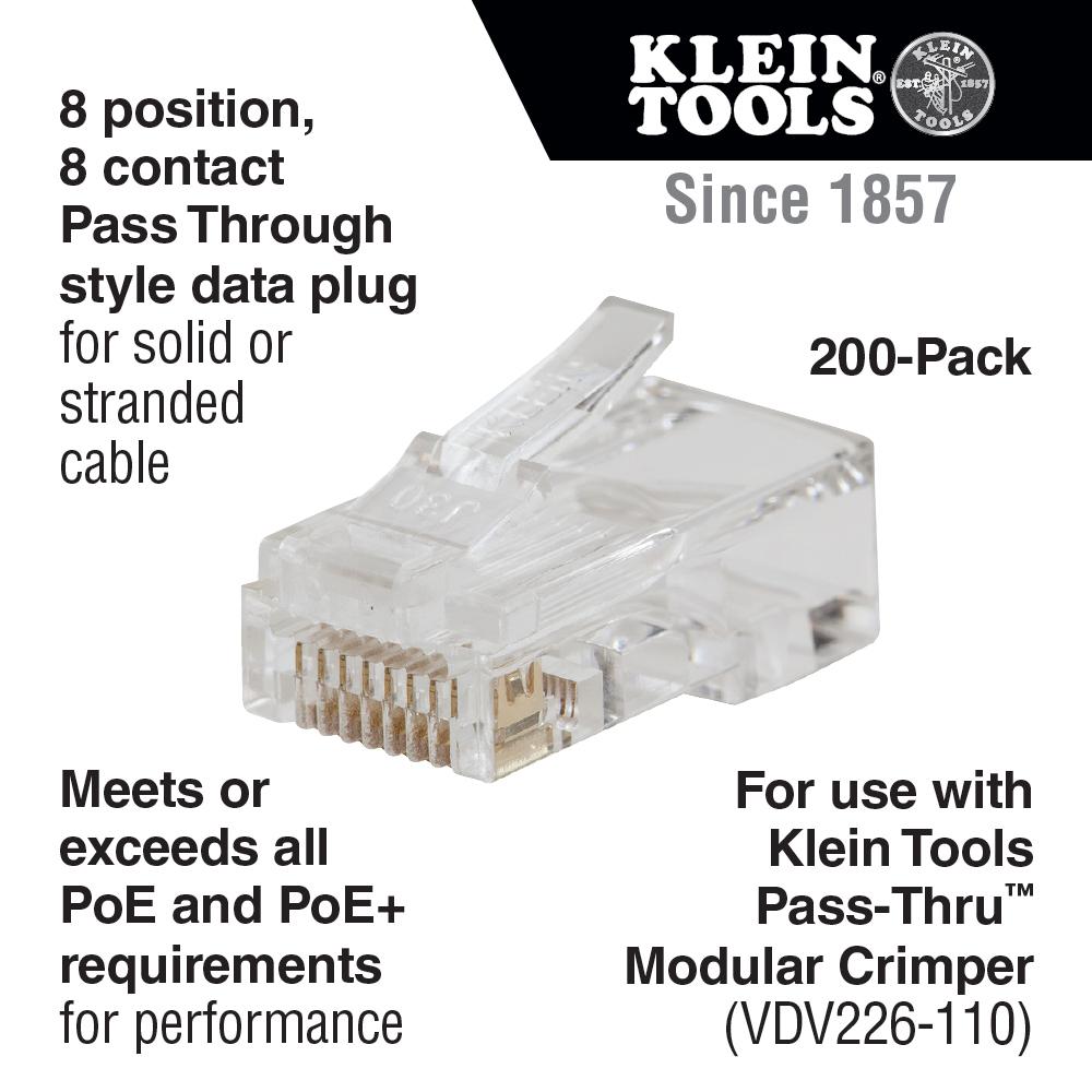 Klein Tools VDV826-763 Pass-Thru Modular Data Plugs, Rj45-Cat6, 200-Pack