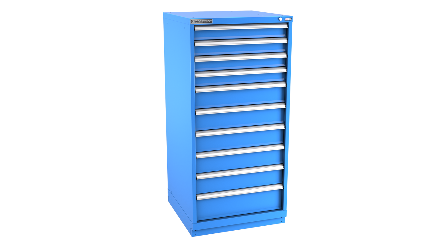 Champion Tool Storage SWS2700-100-1-ILC-FTB-BB 10-Drawer Shallow Depth Modular Cabinet SWS1001 | 28-1/4"W x 59-1/2"H x 22-1/2"D, Bright Blue
