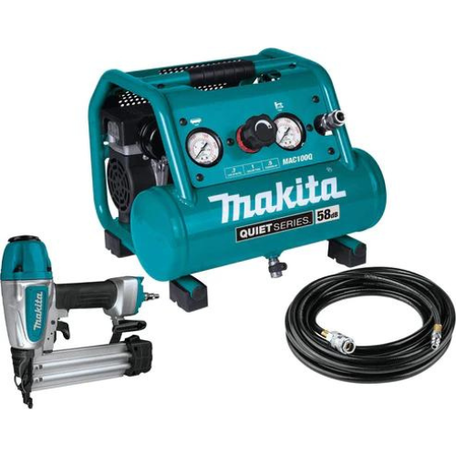 Makita MAC100QK1 Quiet Series 1/2 HP, 1 Gallon Compact, Oil‑Free, Electric Air Compressor, and 18 Gauge Brad Nailer Combo Kit