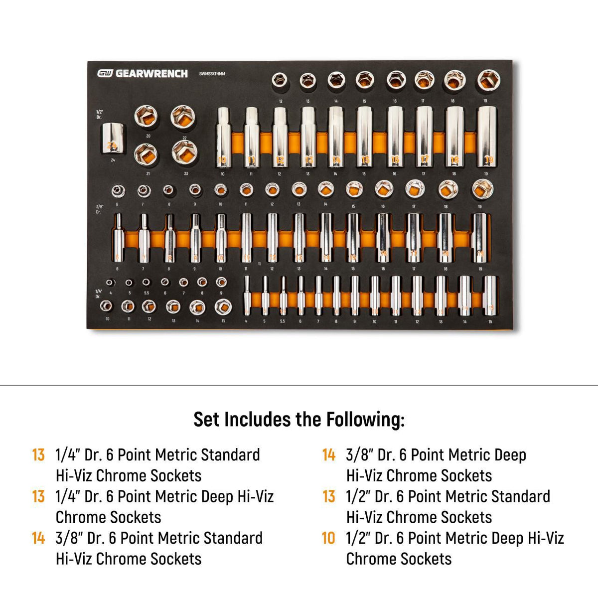 Gearwrench GWMSSKTHMM 77 Piece 1/4", 3/8" & 1/2" Drive Hi-Viz Metric Socket Set in Foam Tray