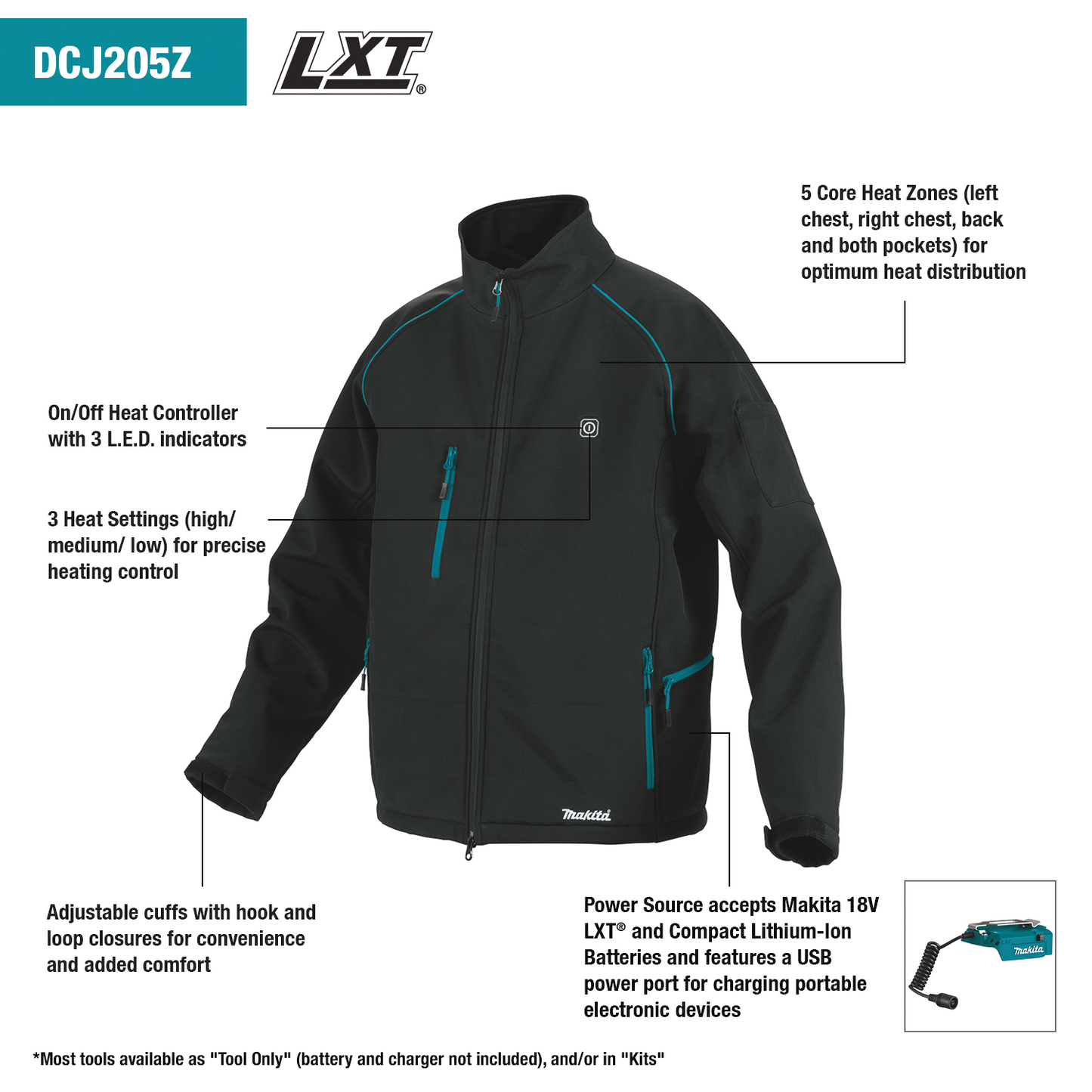Makita DCJ205ZS 18V LXT® Lithium‑Ion Cordless Heated Jacket, Jacket Only (Black, S)