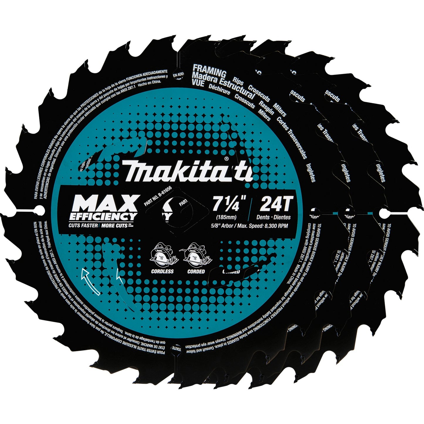 Makita B-61656-3 7‑1/4" 24T Carbide‑Tipped Max Efficiency Circular Saw Blade, Framing, 3/pk