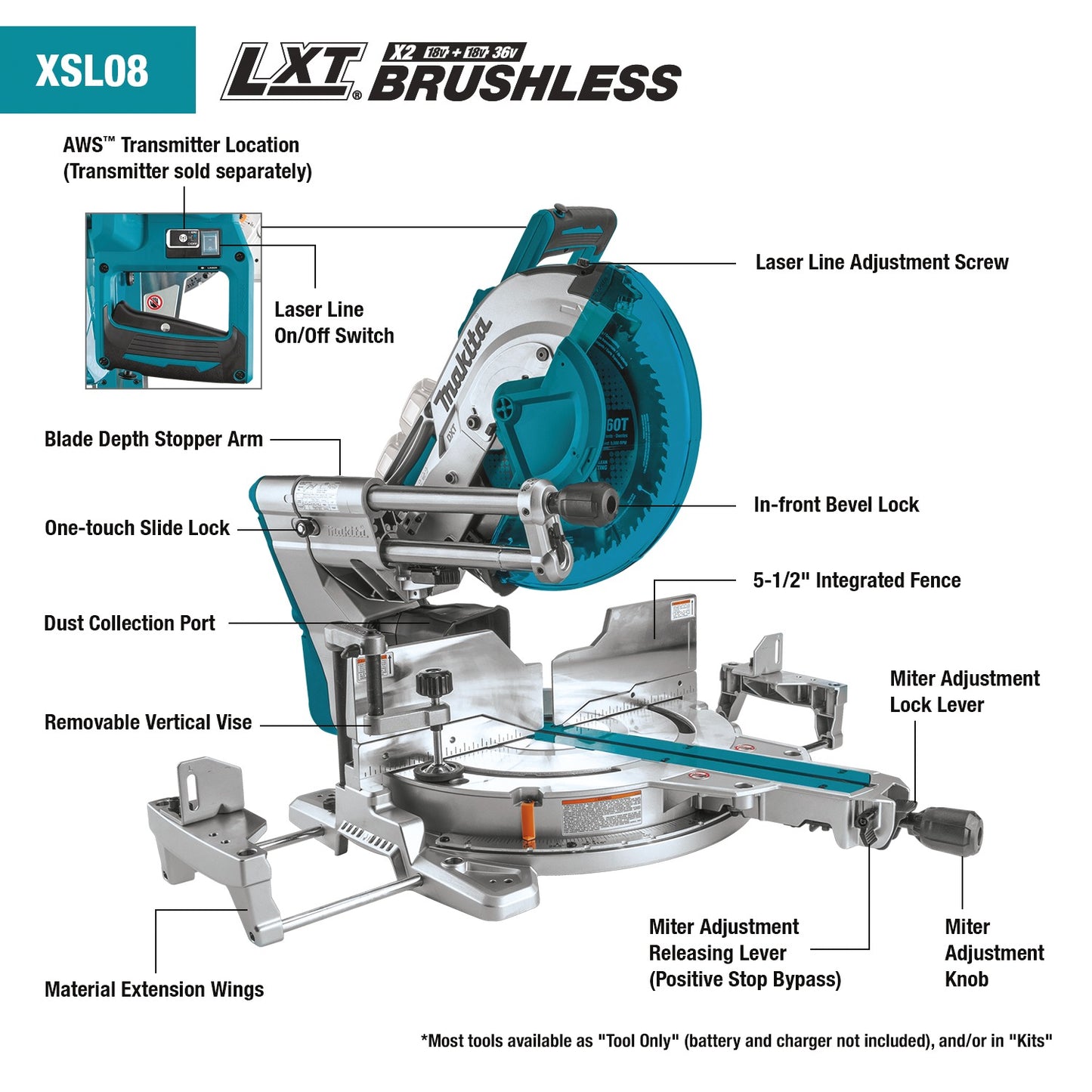 Makita XSL08Z 36V (18V X2) LXT® Brushless 12" Dual‑Bevel Sliding Compound Miter Saw, AWS® Capable and Laser, Tool Only