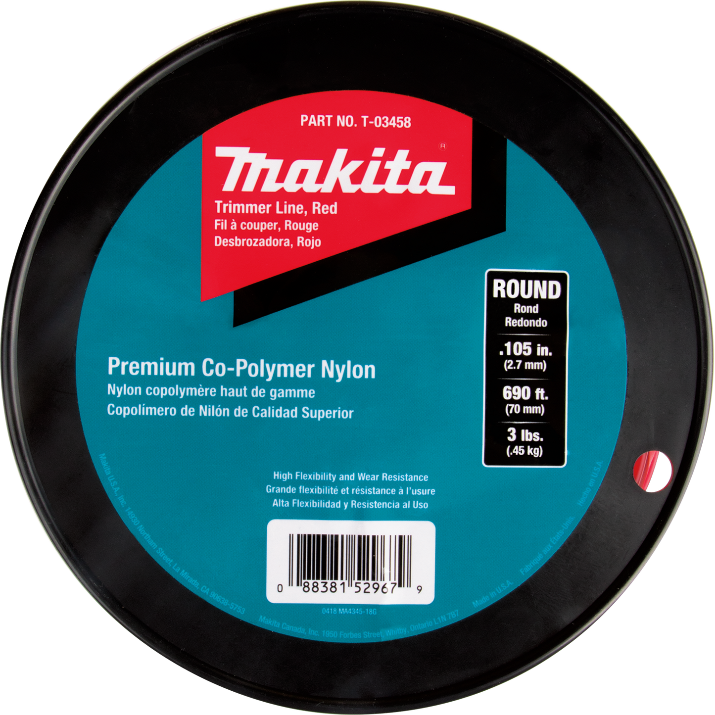 Makita T-03458 Round Trimmer Line, 0.105”, Red, 690’, 3 lbs.