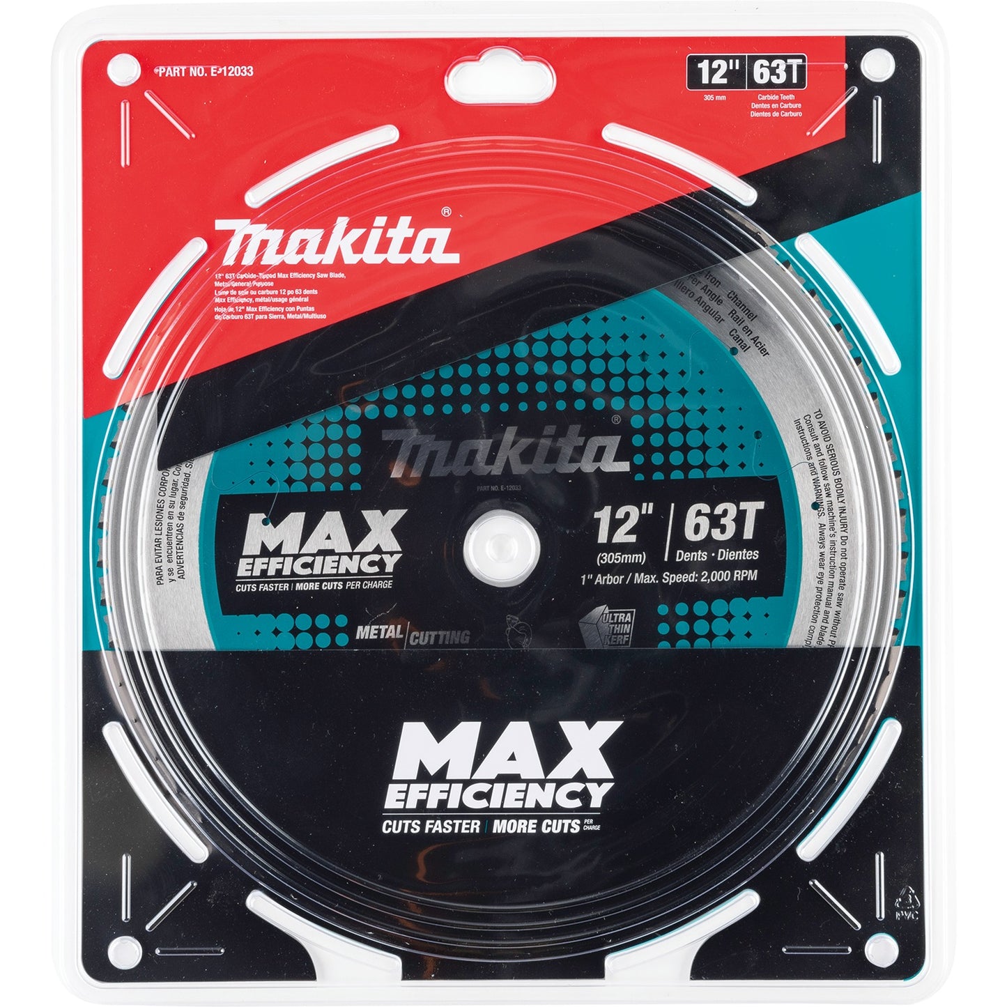 Makita E-12033 12" 63T Carbide‑Tipped Max Efficiency Saw Blade, Metal/General Purpose