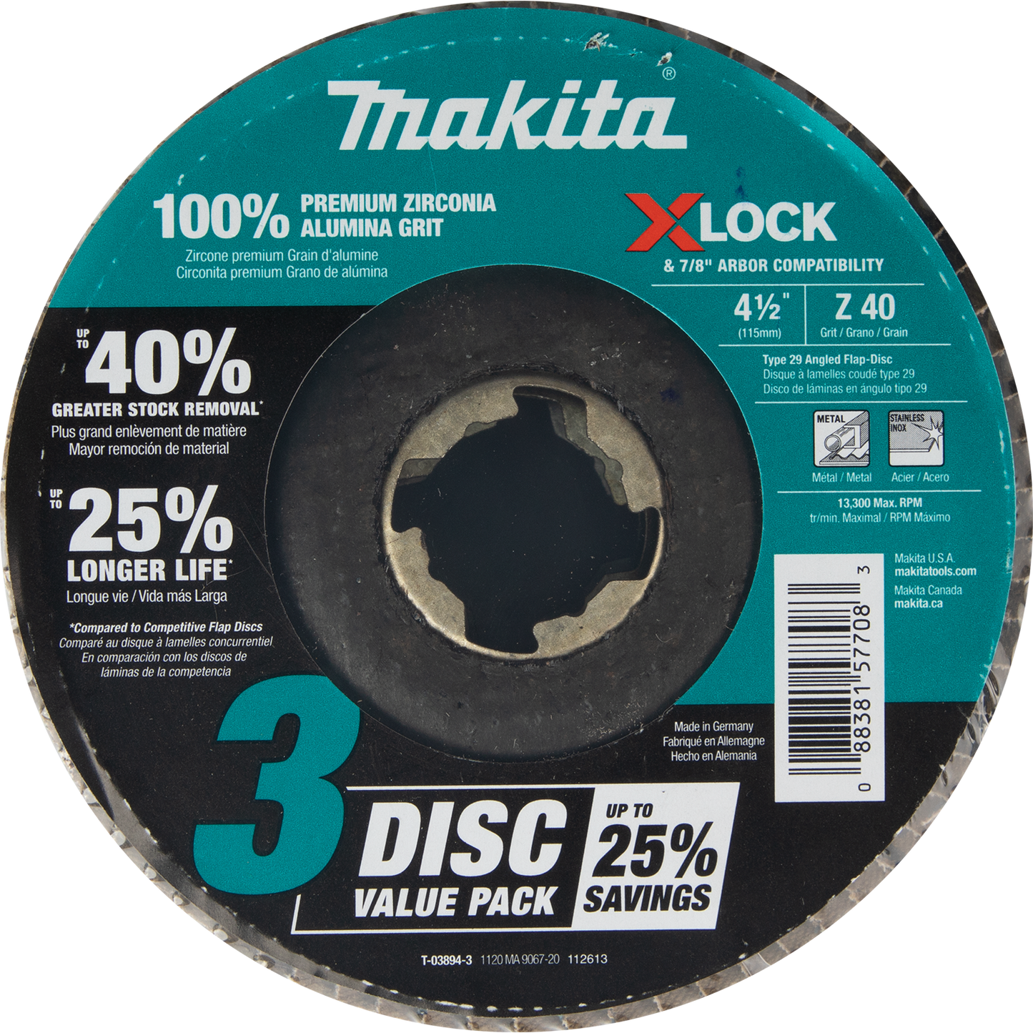 Makita T-03894-3 X‑LOCK 4‑1/2" 40 Grit Type 29 Angled Grinding and Polishing Flap Disc for X‑LOCK and All 7/8" Arbor Grinders, 3/pk