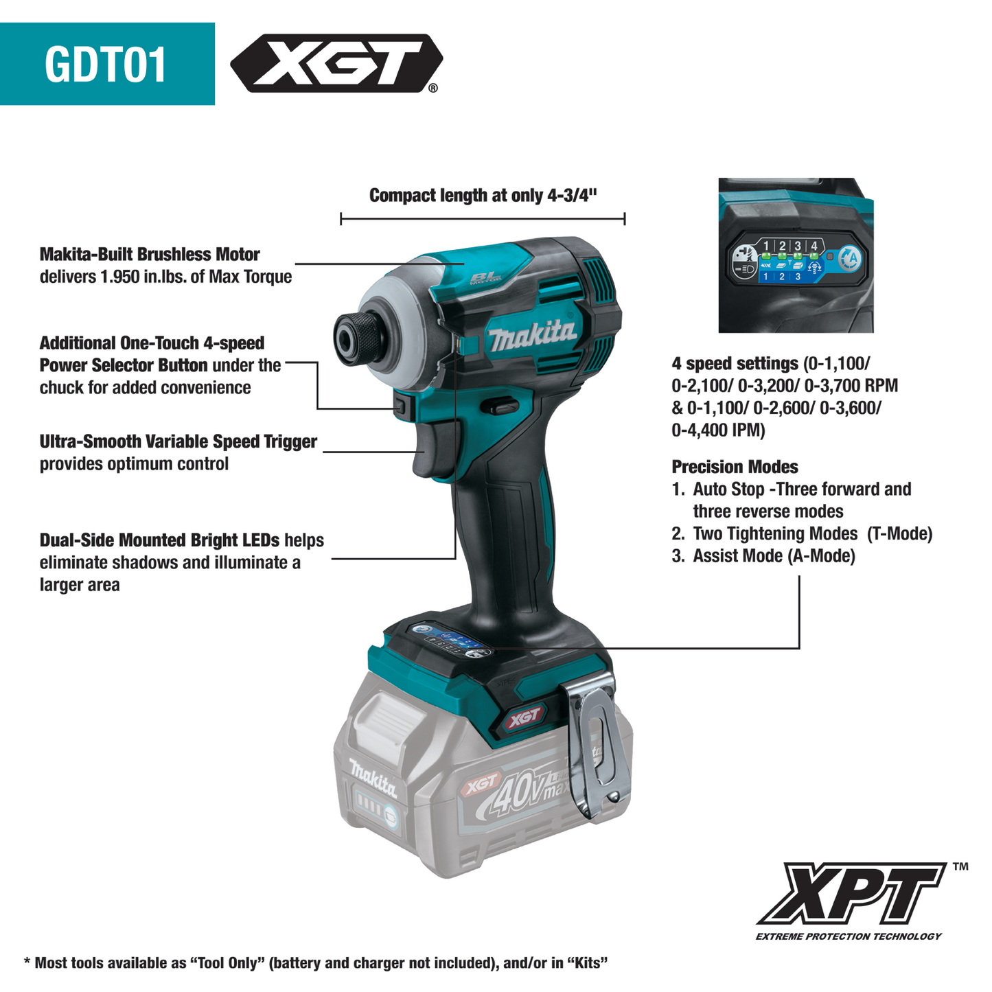 Makita GDT01D 40V max XGT® Brushless Cordless 4‑Speed Impact Driver Kit (2.5Ah)