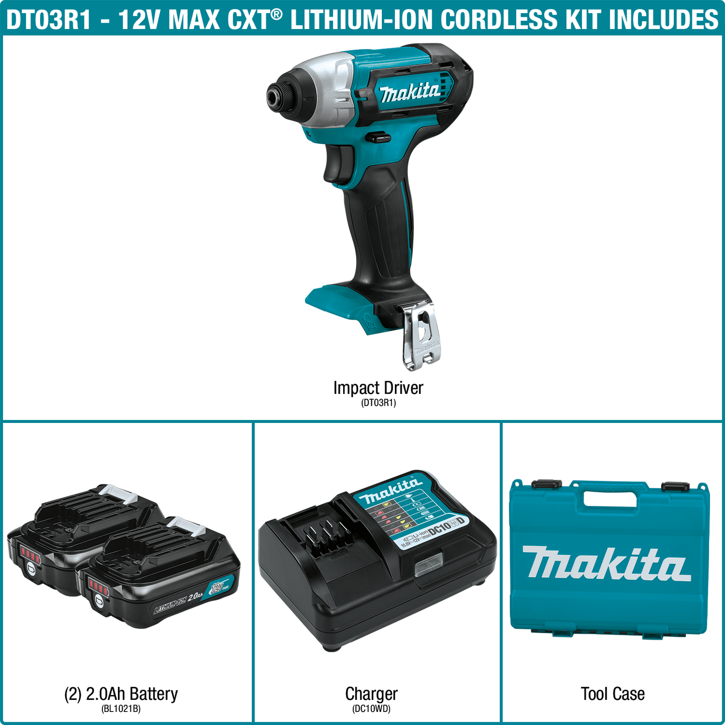 Makita DT03R1 12V max CXT® Lithium‑Ion Cordless Impact Driver Kit (2.0Ah)