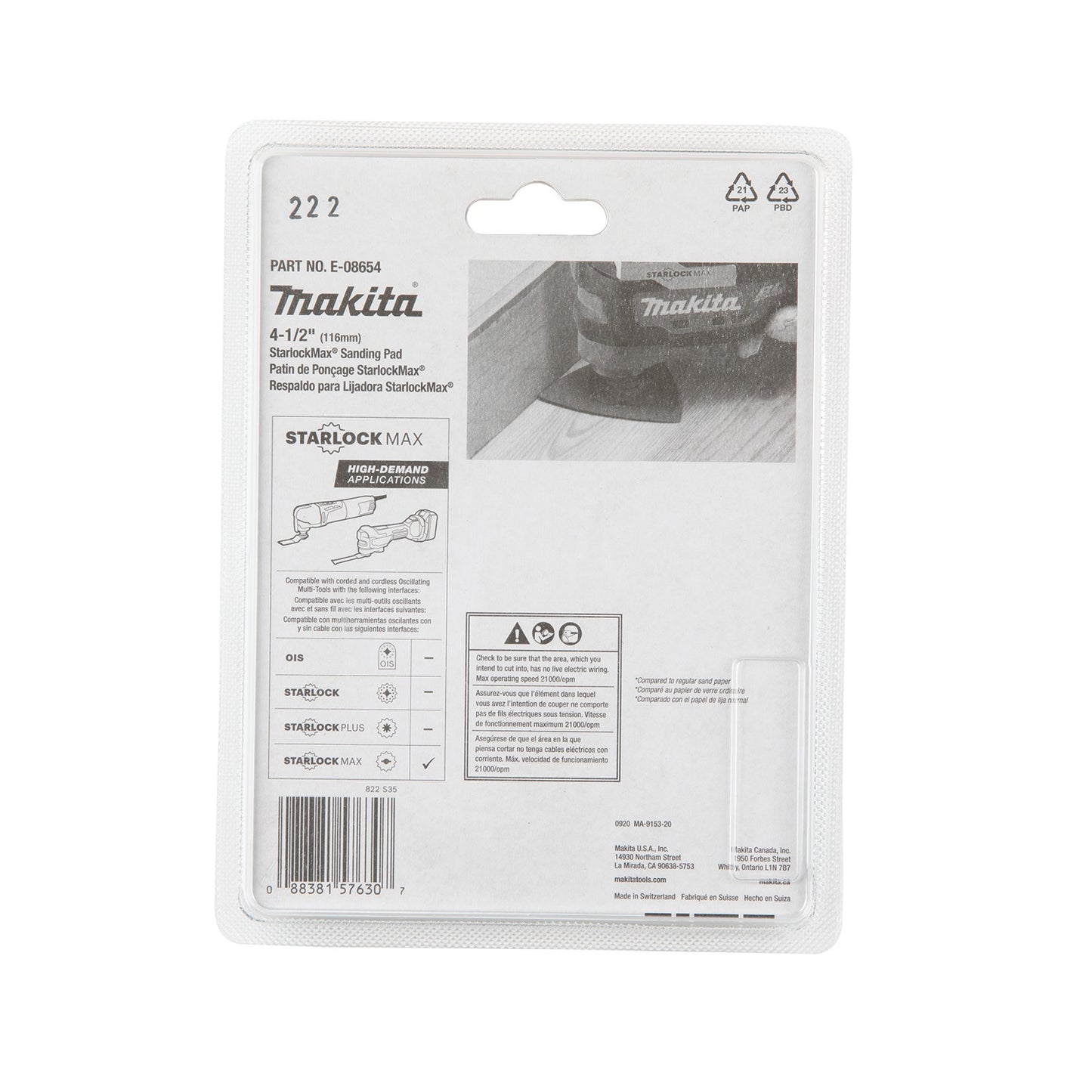Makita E-08654 StarlockMax® Oscillating Multi‑Tool 4‑1/2" Tungsten Carbide 60 Grit Delta Triangle Sanding Pad