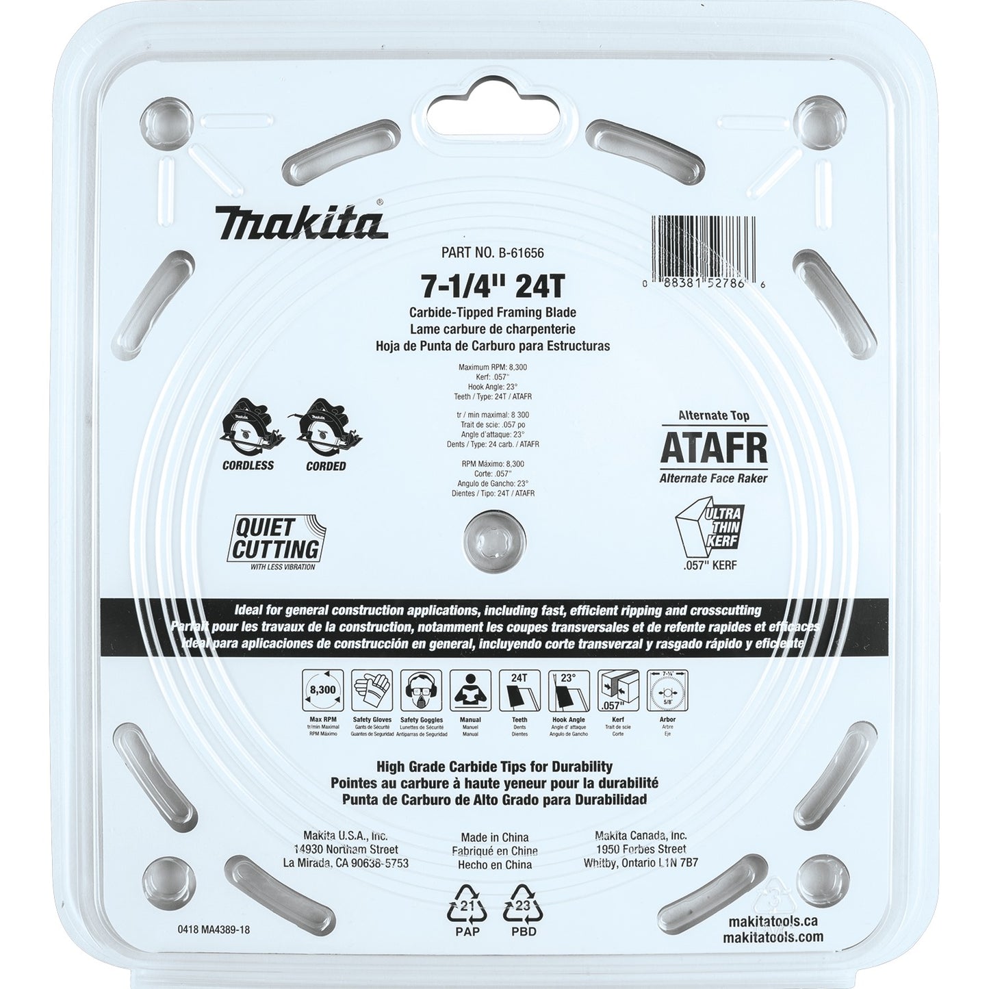 Makita B-61656-3 7‑1/4" 24T Carbide‑Tipped Max Efficiency Circular Saw Blade, Framing, 3/pk