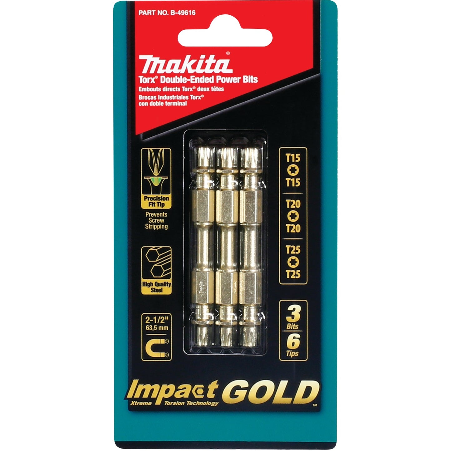 Makita B-49616 Impact GOLD® 3 Pc. Assorted (2‑1/2") Torx Double‑Ended Power Bits