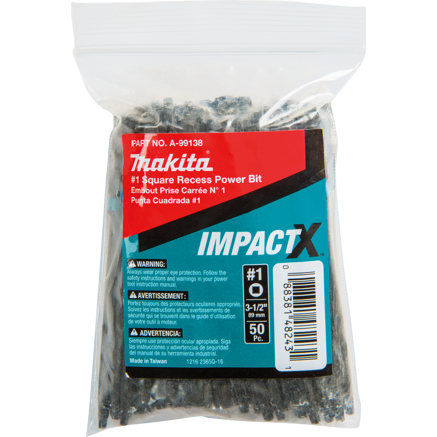 Makita A-99138 ImpactX™ #1 Square Recess 3‑1/2″ Power Bit, 50/pk, Bulk