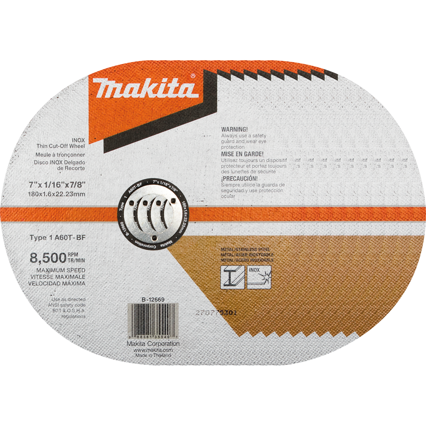 Makita B-12669-10 7" x 1/16" x 7/8" INOX Thin Cut‑Off Wheel, 60 Grit, 10/pk