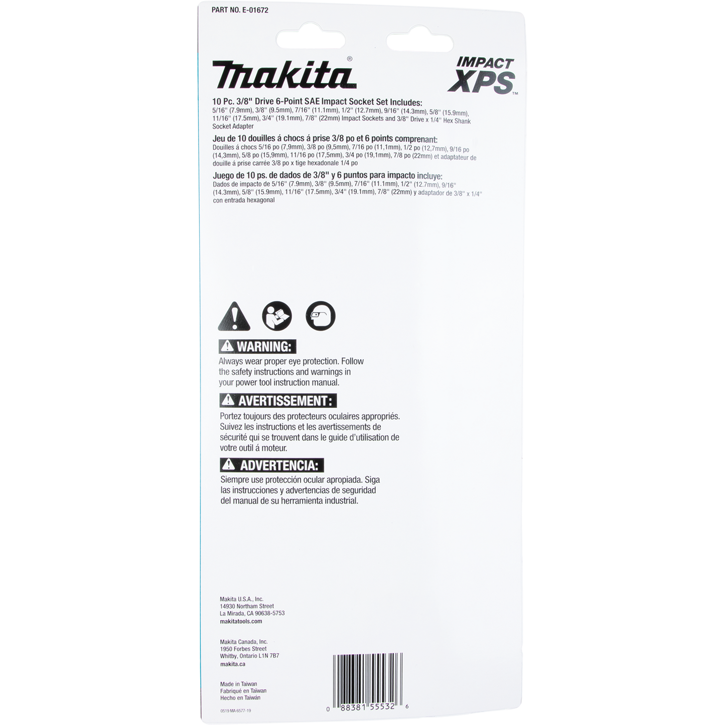Makita E-01672 Impact XPS® 10 Pc. 3/8" Drive 6‑Point SAE Impact Socket Set w/ Standard Socket Adapter