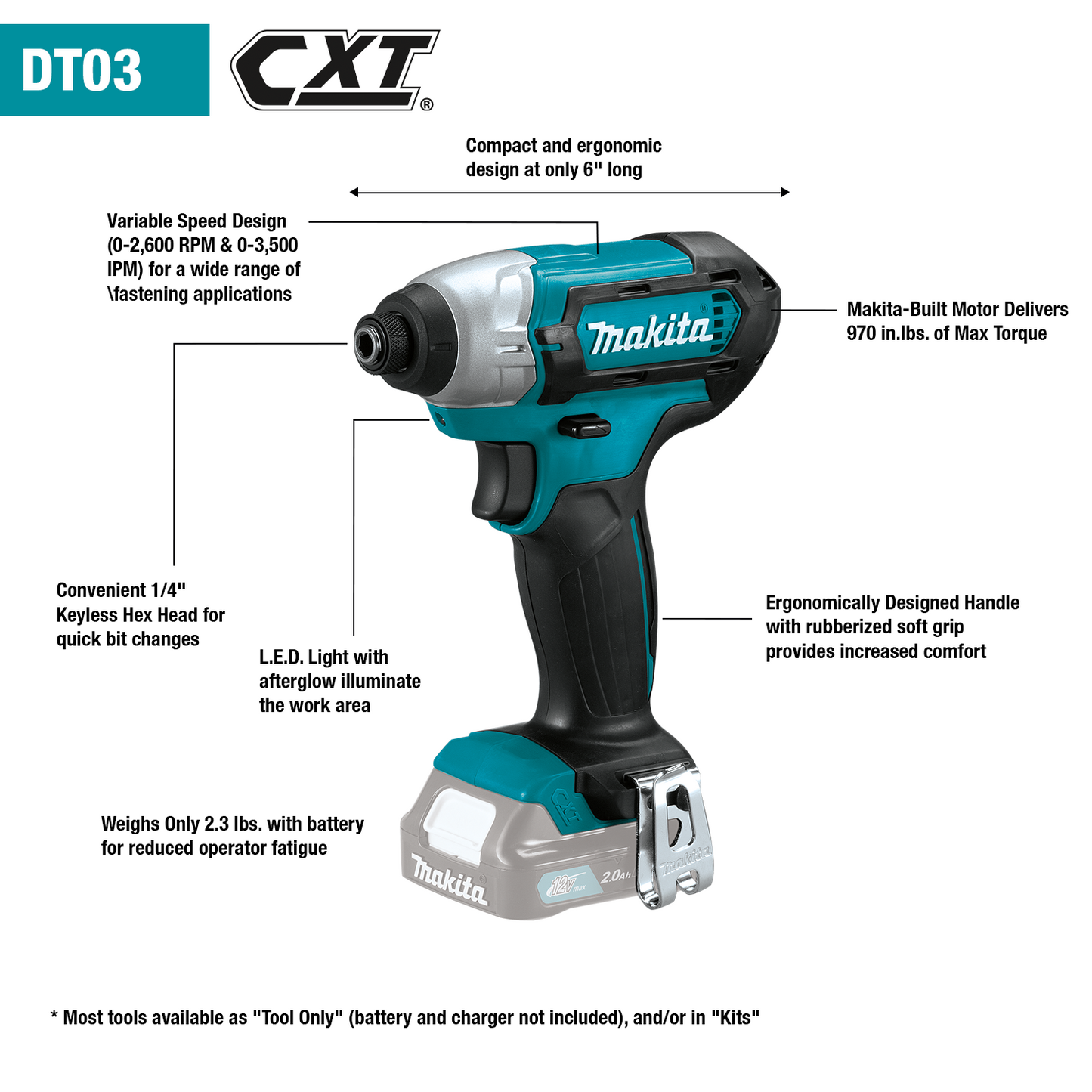 Makita DT03R1 12V max CXT® Lithium‑Ion Cordless Impact Driver Kit (2.0Ah)