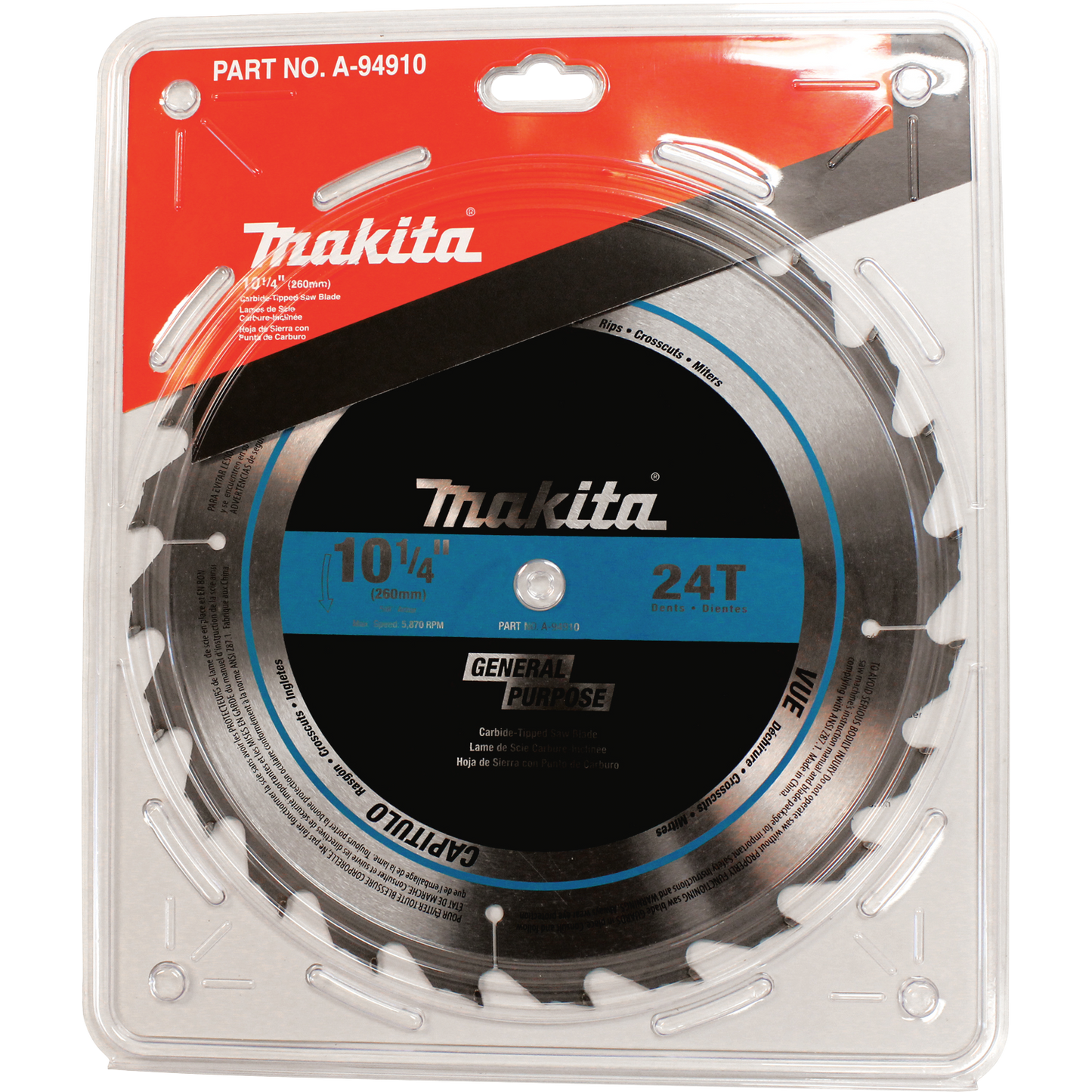 Makita A-94910 10‑1/4" 24T Carbide‑Tipped Circular Saw Blade, Framing
