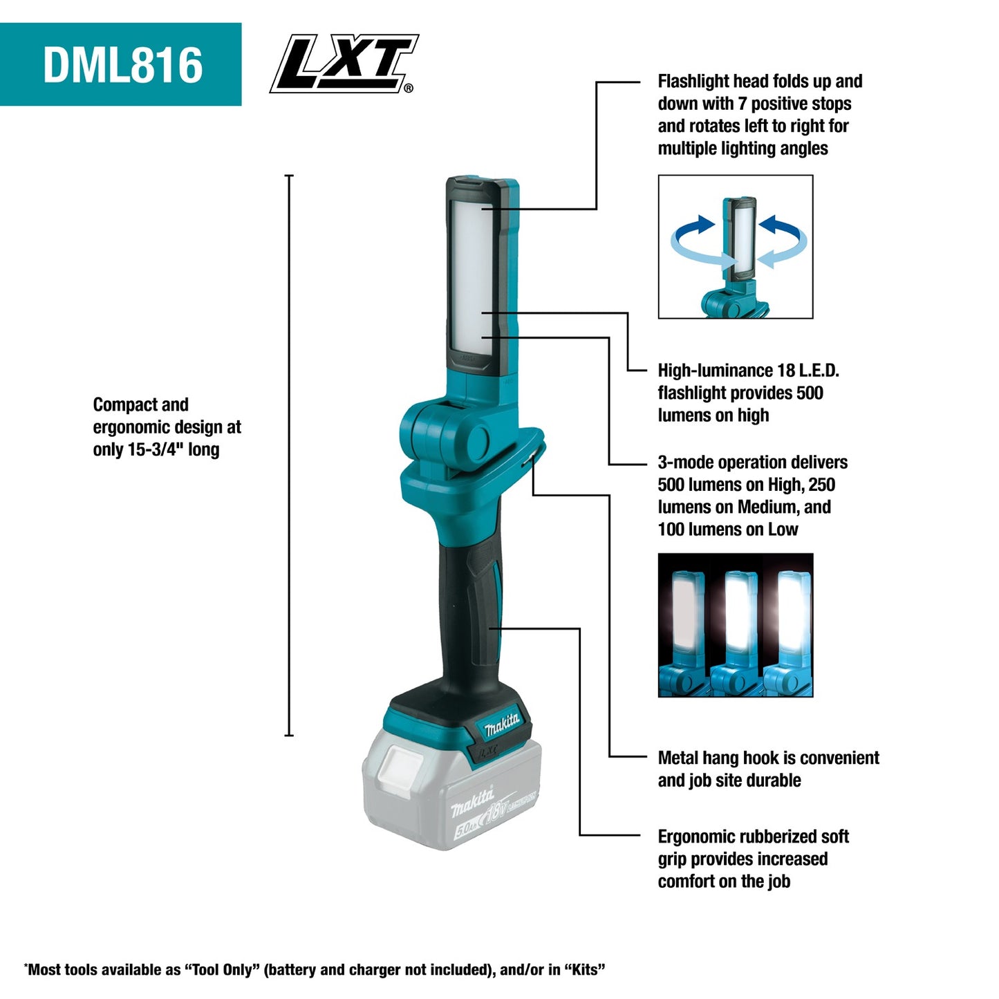 Makita DML816 18V LXT® Lithium‑Ion Cordless 18 L.E.D. Flashlight, Flashlight Only