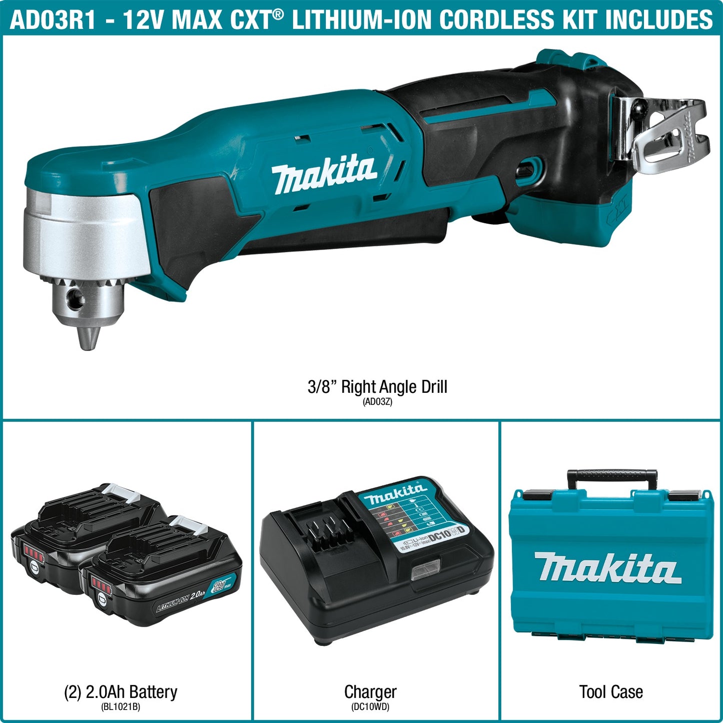 Makita AD03R1 12V max CXT® Lithium‑Ion Cordless 3/8" Right Angle Drill Kit (2.0Ah)