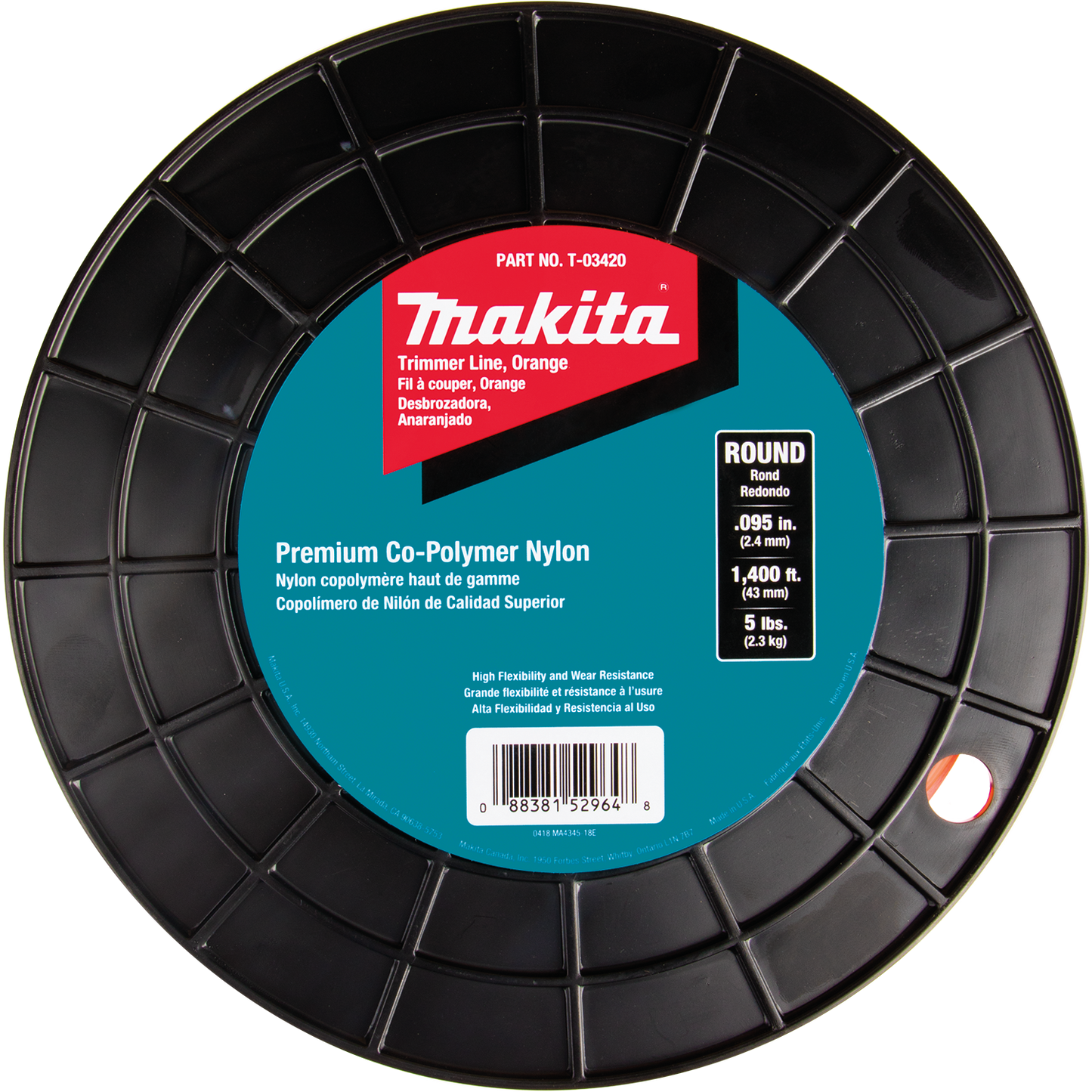 Makita T-03420 Round Trimmer Line, 0.095”, Orange, 1,400’, 5 lbs.