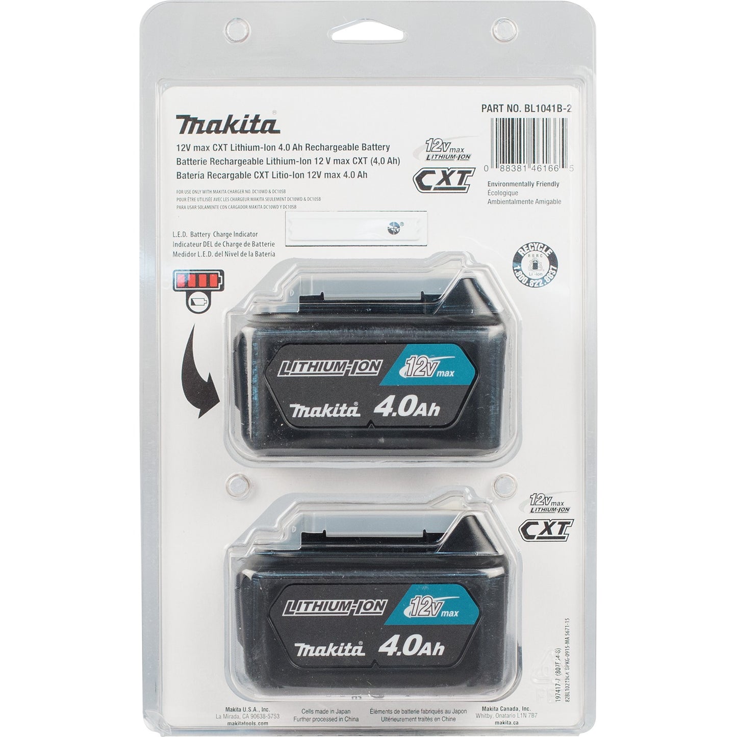 Makita BL1041B-2 12V max CXT® Lithium‑Ion 4.0Ah Battery, 2/pk