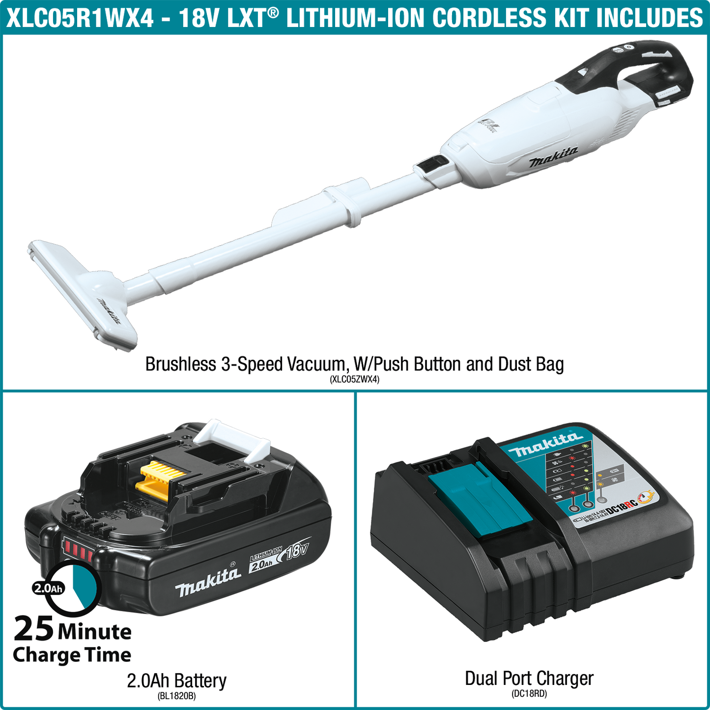 Makita XLC05R1WX4 18V LXT® Lithium‑ion Compact Brushless Cordless 3‑Speed Vacuum Kit, w/ Push Button and Dust Bag (2.0Ah)