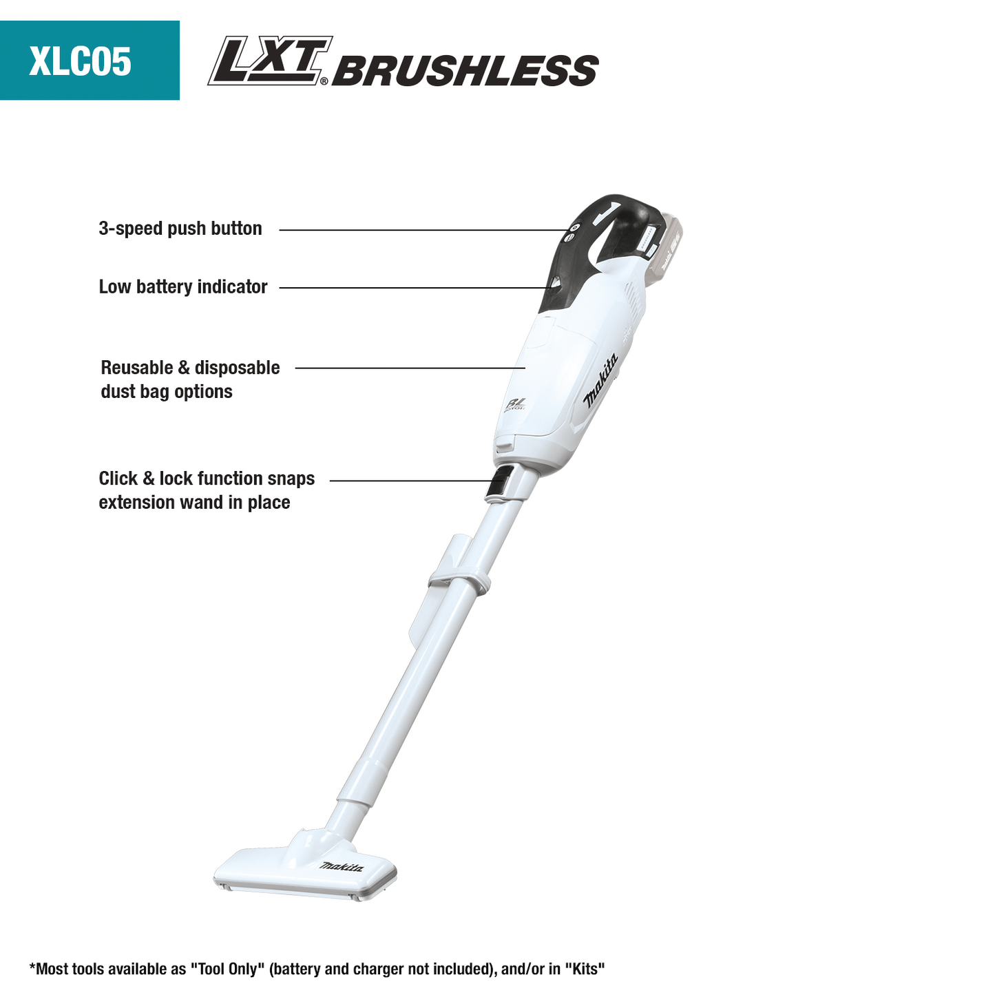 Makita XLC05ZWX4 18V LXT® Lithium‑ion Brushless Compact Cordless 3‑Speed Compact Vacuum, w/ Push Button and Dust Bag, Tool Only