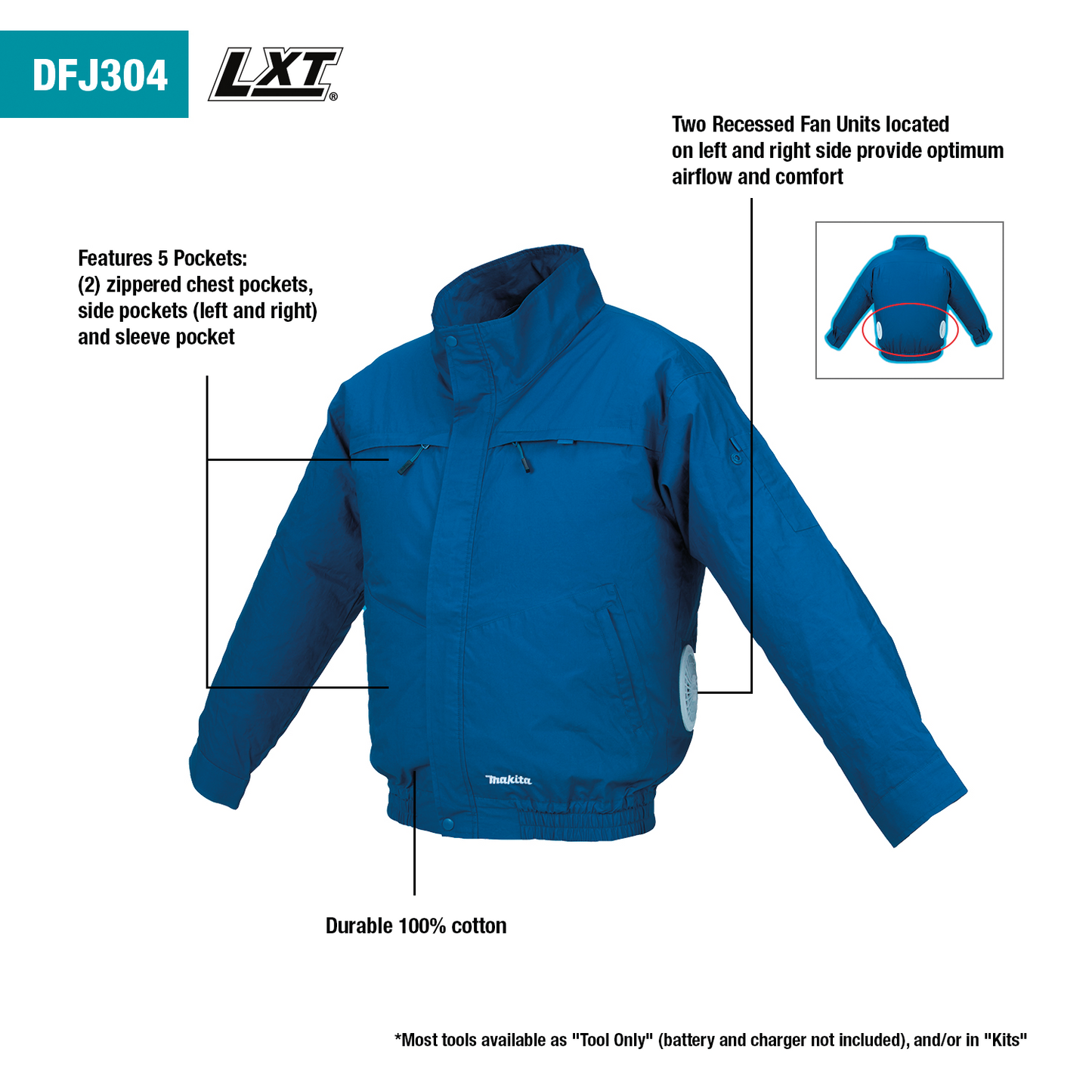 Makita DFJ304ZXL 18V LXT® Lithium‑Ion Cordless Cotton Fan Jacket, Jacket Only (XL)