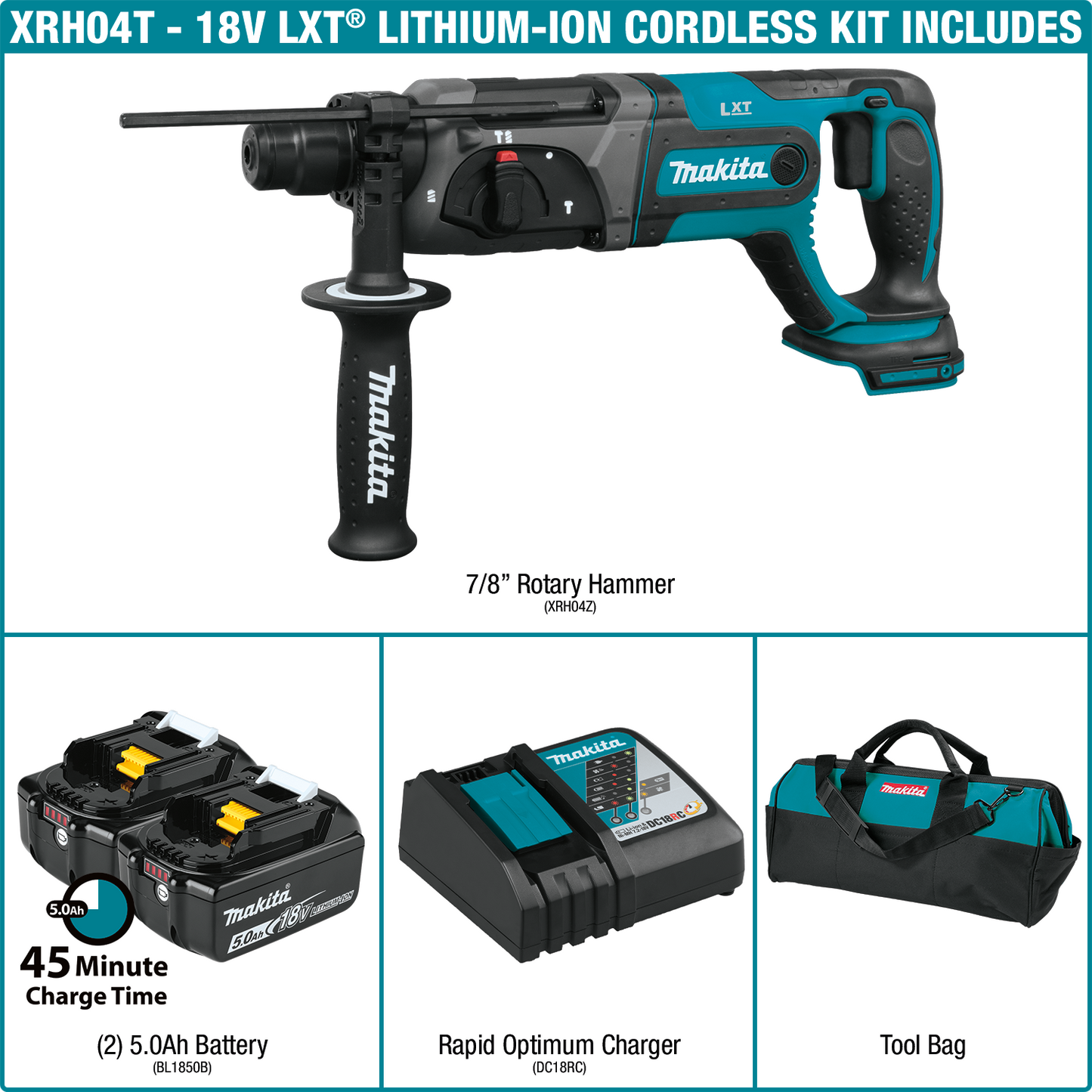 Makita XRH04T 18V LXT® Lithium‑Ion Cordless 7/8" SDS‑PLUS Rotary Hammer Kit, (5.0Ah)